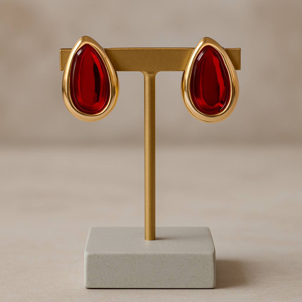 Gold Red Crystal Stud Earrings