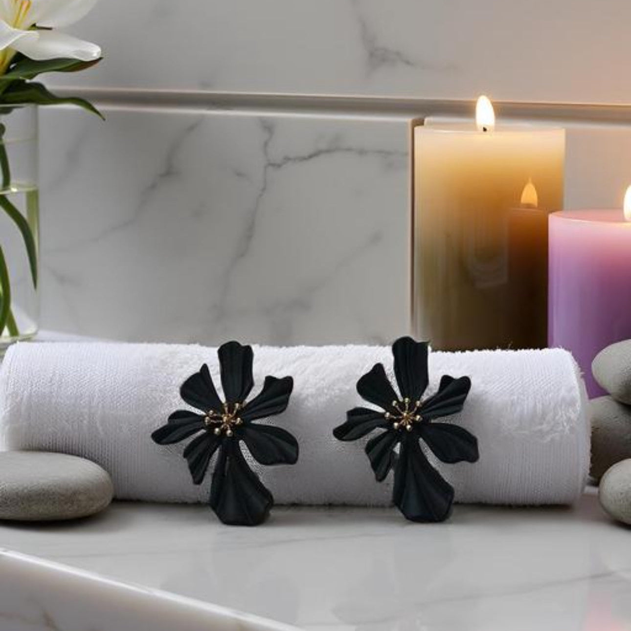 Black Floral Minimal Stud Earrings