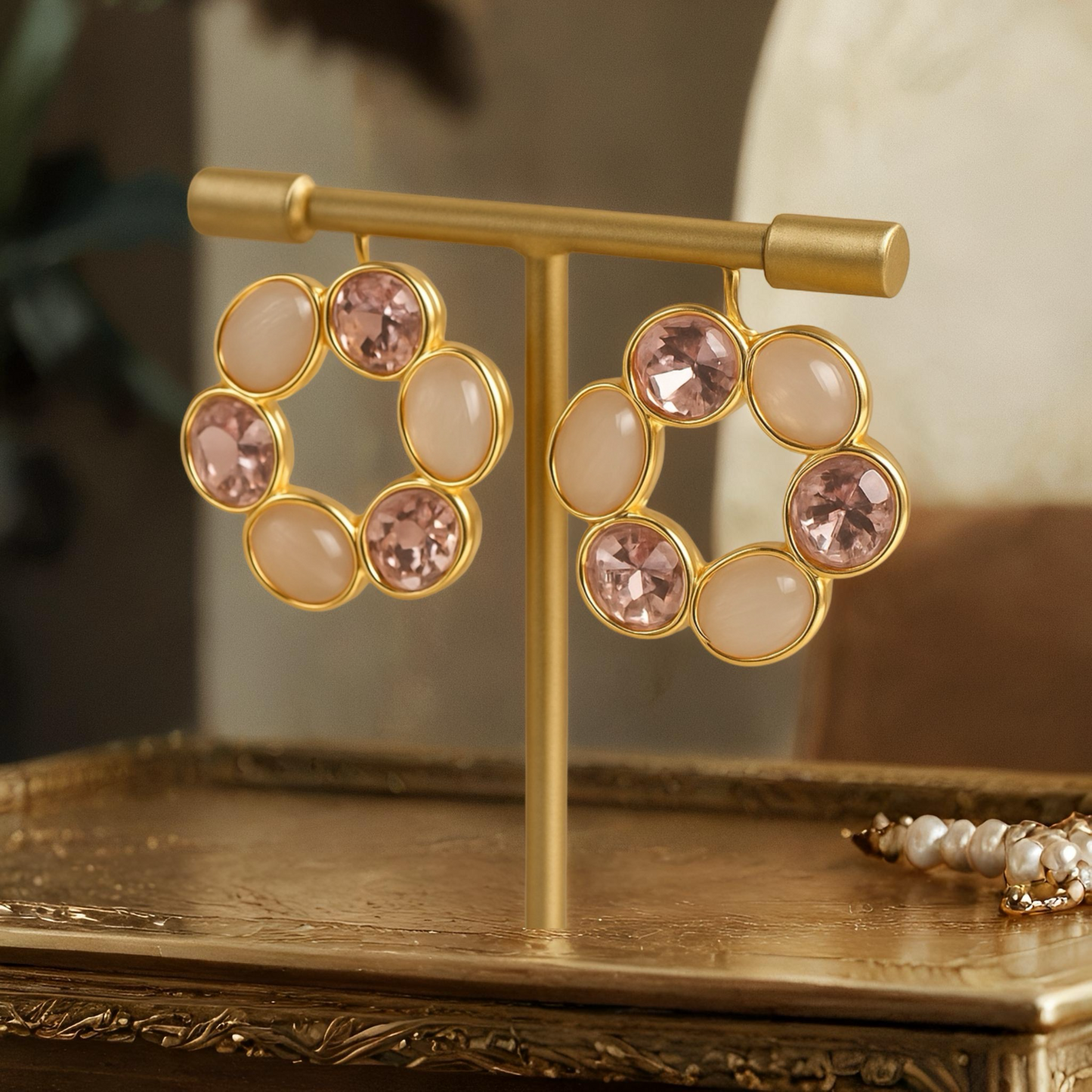 Blush Bloom Circle Earrings – Statement Floral Design with Pink & Peach Swarovski Stones
