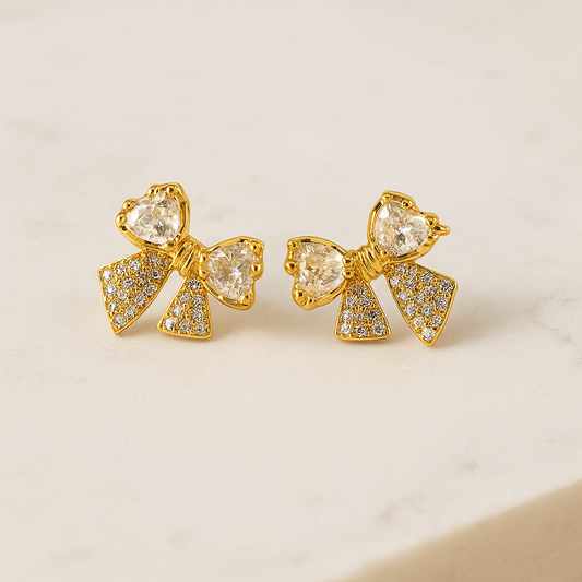 Golden Bow Zirconia Studs Earrings