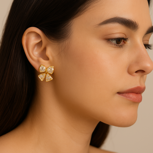 Golden Bow Zirconia Studs Earrings