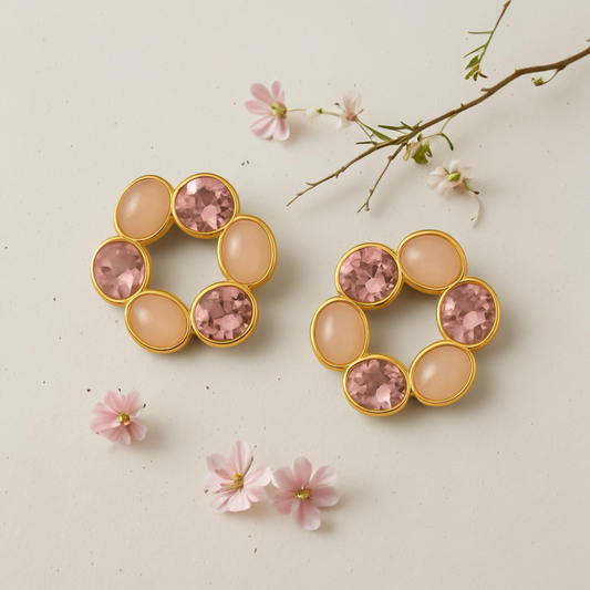 Blush Bloom Circle Earrings – Statement Floral Design with Pink & Peach Swarovski Stones