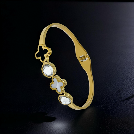 Gold Luxe Clover Bangle – Black & White Charm Edition