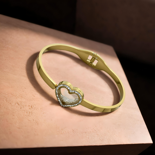 Gold Eternal Love Heart Bangle – Crystal Charm Edition