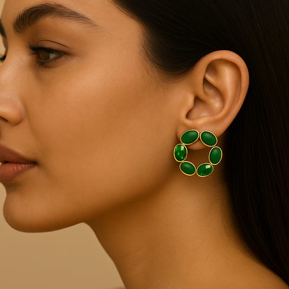 Blush Bloom Circle Earrings – Statement Floral Design in Green Swarovski Stones