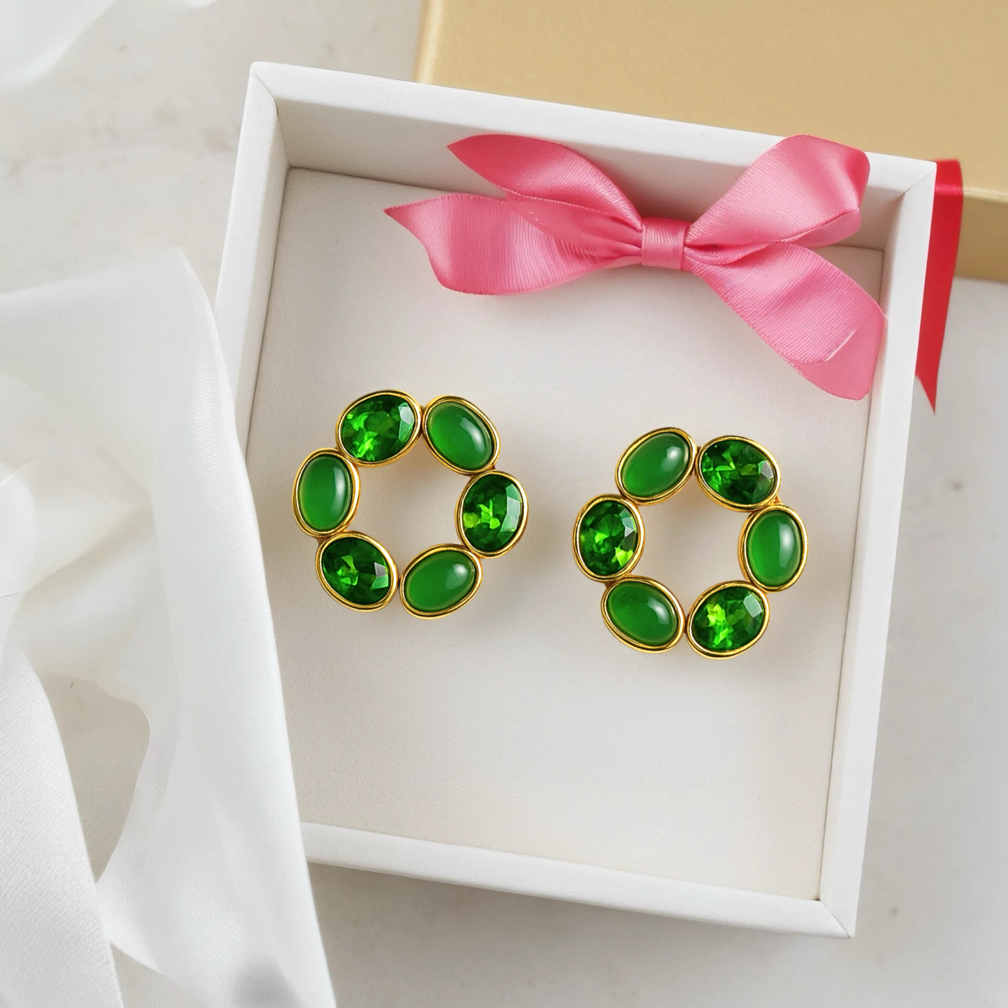 Blush Bloom Circle Earrings – Statement Floral Design in Green Swarovski Stones