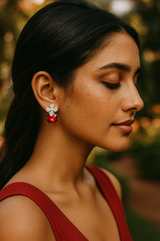 White Enamel Flower Stud Earrings with Red Crystals – Elegant & Lightweight Floral Jewelry