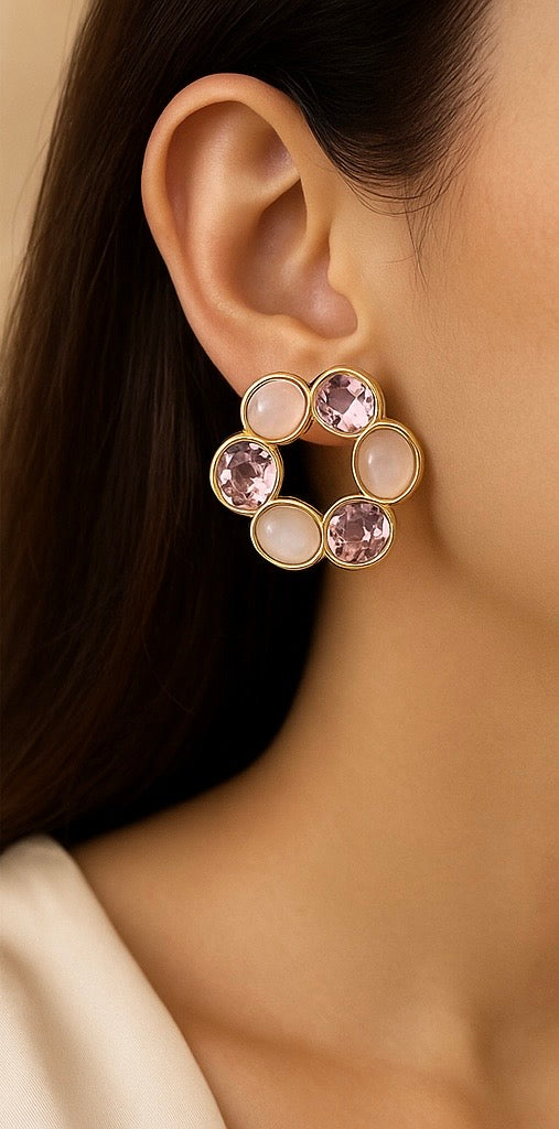 Blush Bloom Circle Earrings – Statement Floral Design with Pink & Peach Swarovski Stones