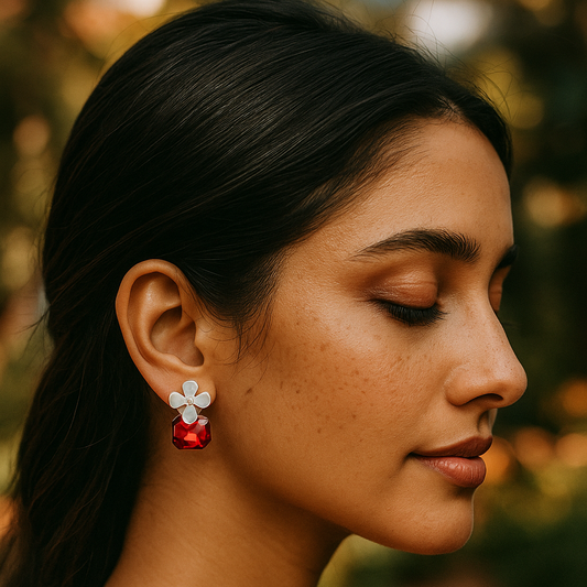 White Enamel Flower Stud Earrings with Red Crystals – Elegant & Lightweight Floral Jewelry