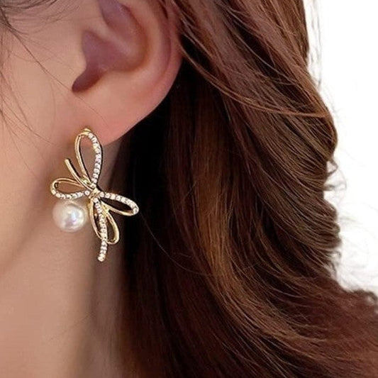 Gold Contemporary High End Studs Pearls Bow Earrings